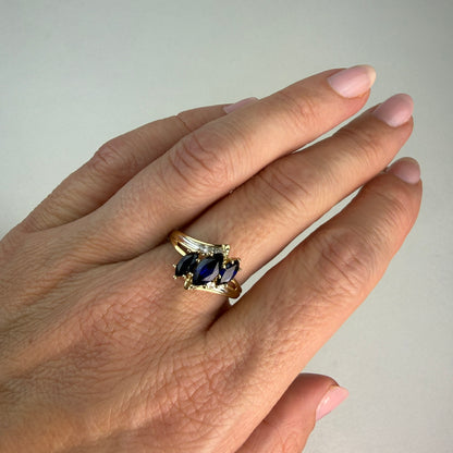 Solid 10k Yellow Gold Three-Stone Marquise Sapphire and Diamond Ring, Size 7.75