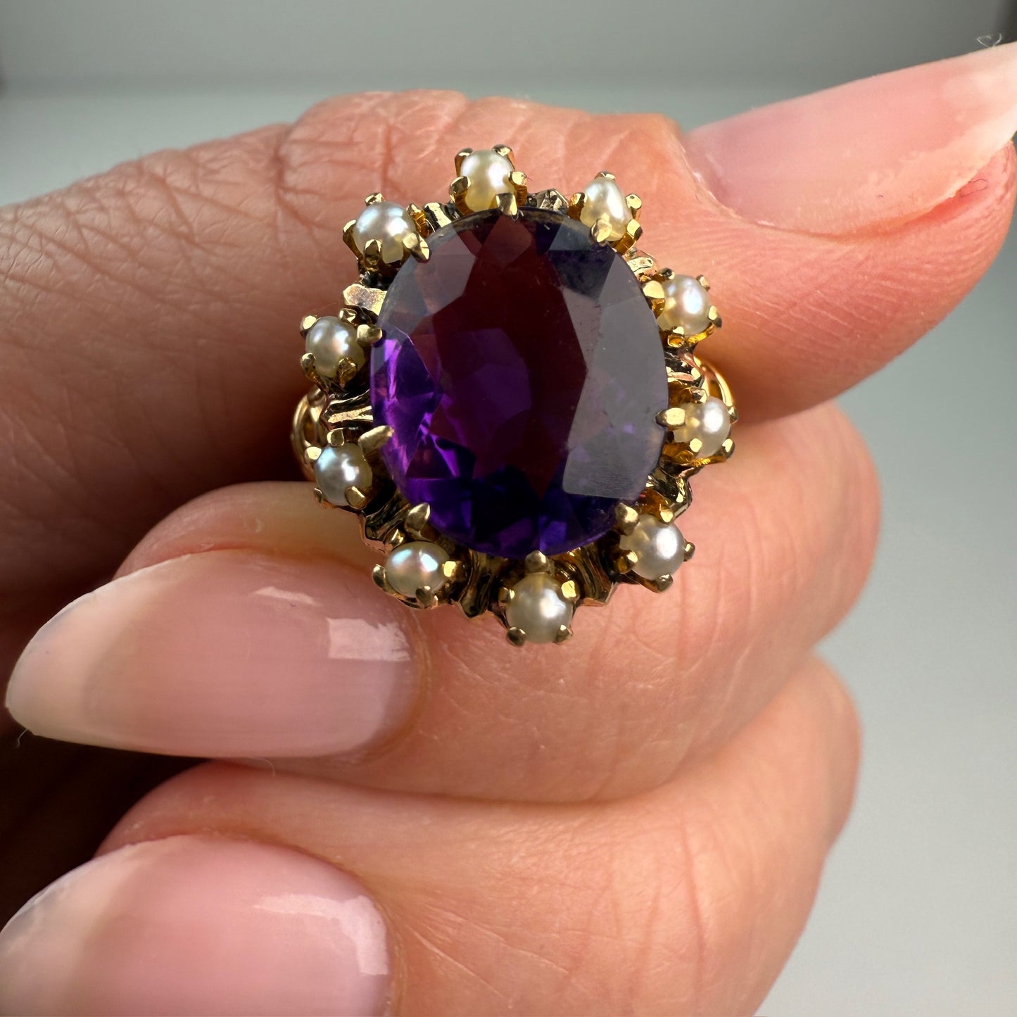 Vintage 10K Amethyst & Seed Pearl Victorian Revival Cluster Ring, Size 4.5