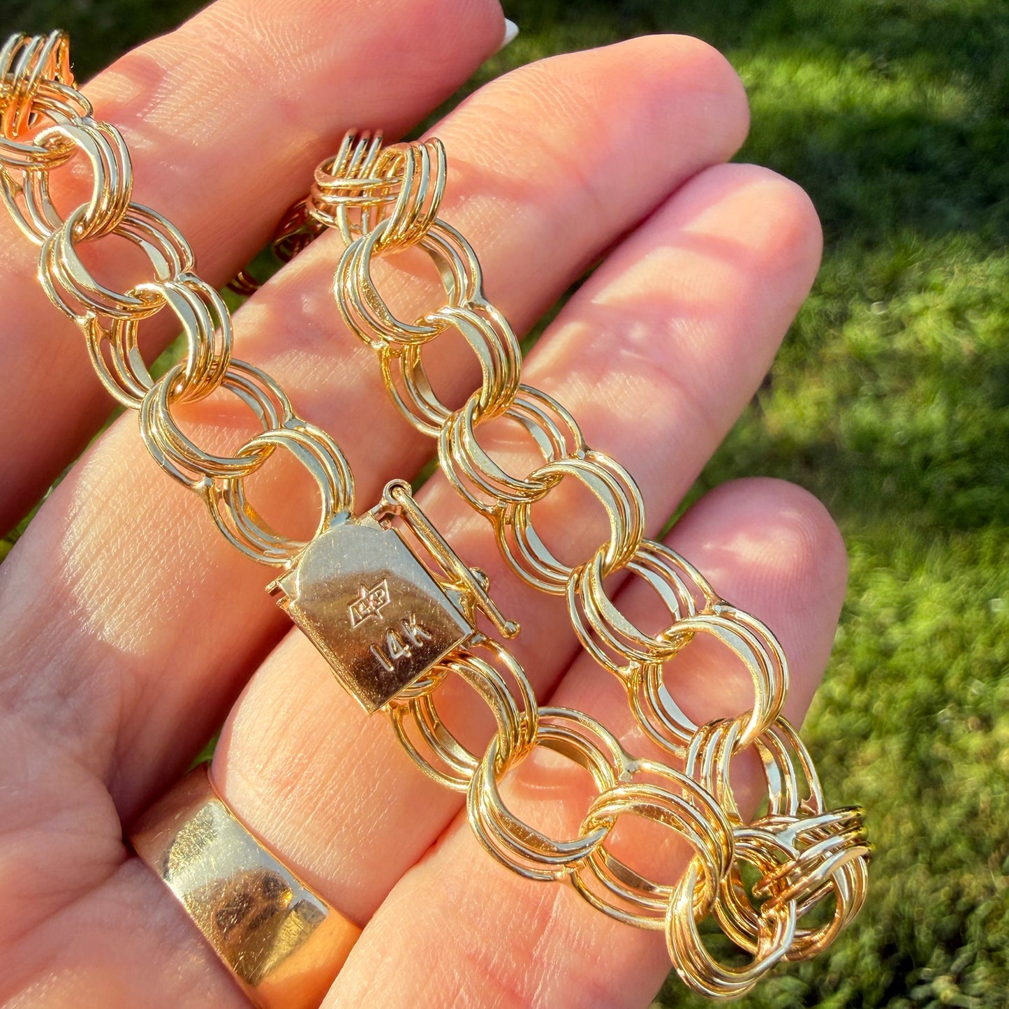 6.5" Vintage Solid 14K Yellow Gold Triple Circle Link Bracelet, 11.23 g