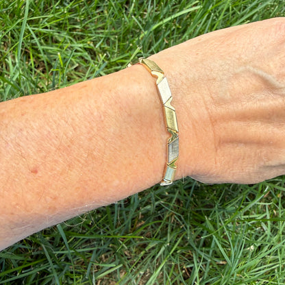 7" Solid 14K Yellow Gold Two-Tone Geometric Link Bracelet, 15.26 grams