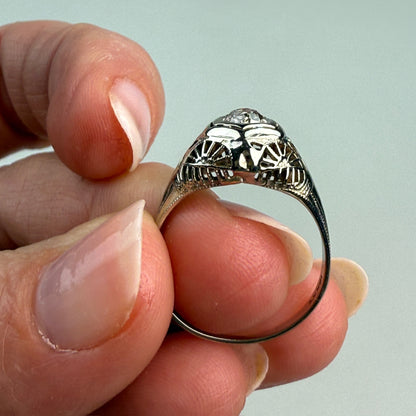 Vintage Solid 18K White Gold Art Deco Old Mine Cut Diamond Ring, Size 6.25