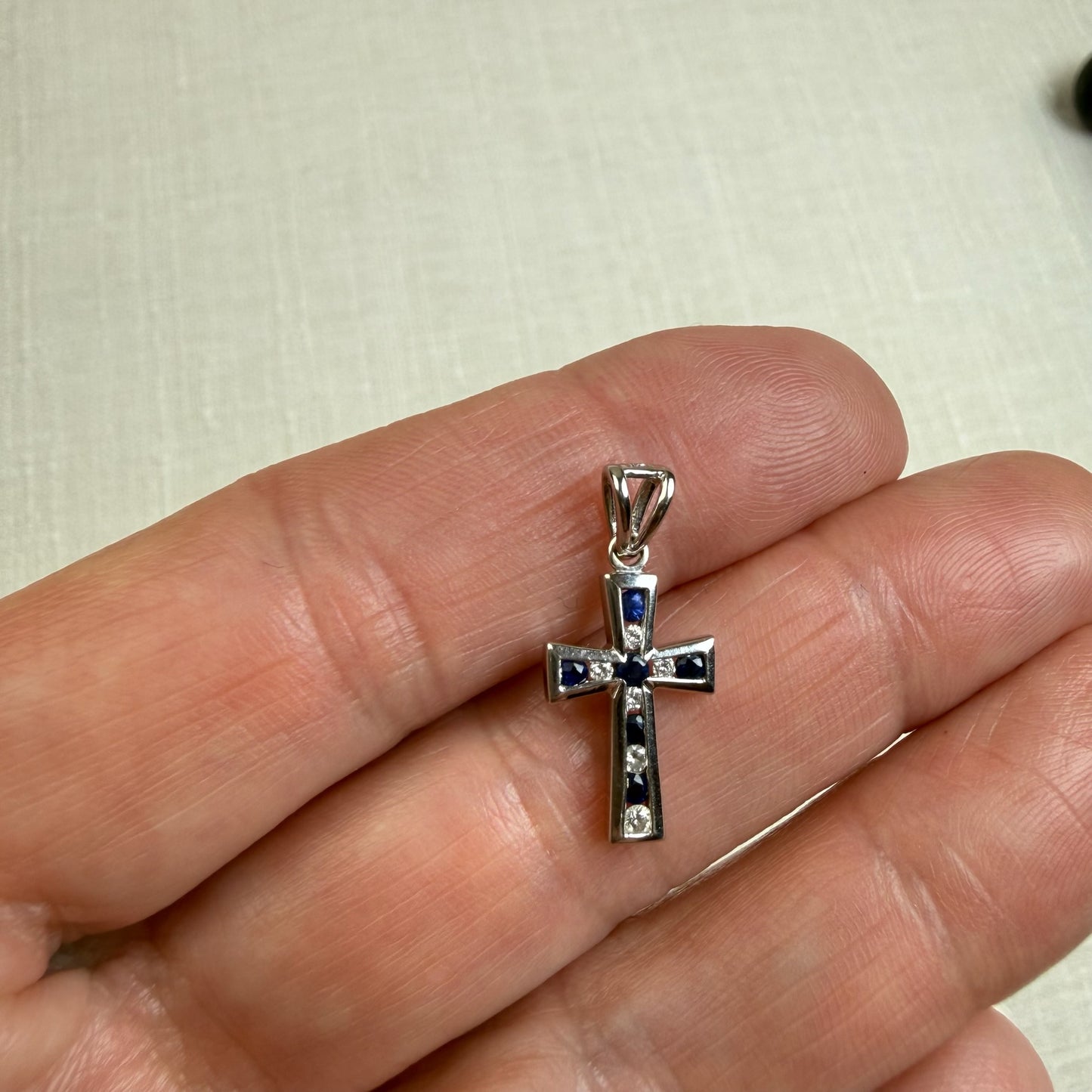 Solid 14K White Gold Diamond and Sapphire Cross — 1.21 grams