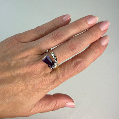 Solid 14K Two-Tone Sculptural Amethyst and Diamond Statement Ring, Size 7.75