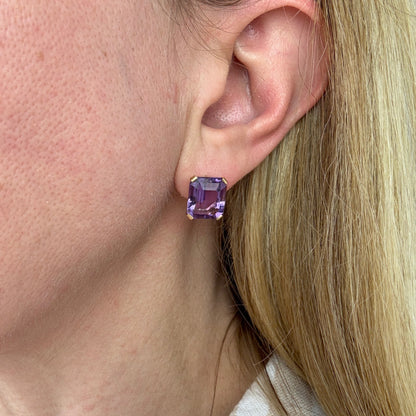 Estate 14k Solid Yellow Gold Elegant Emerald Cut Amethyst Stud Earrings, 4.89g