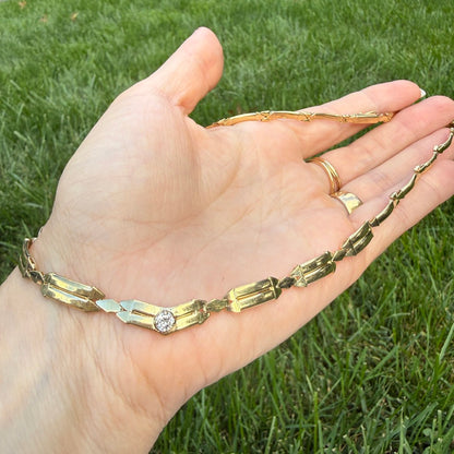 16" Solid 14K Yellow Gold Italian Geometric Link Necklace with .35 -.40 CT Natural Diamond, 17 g