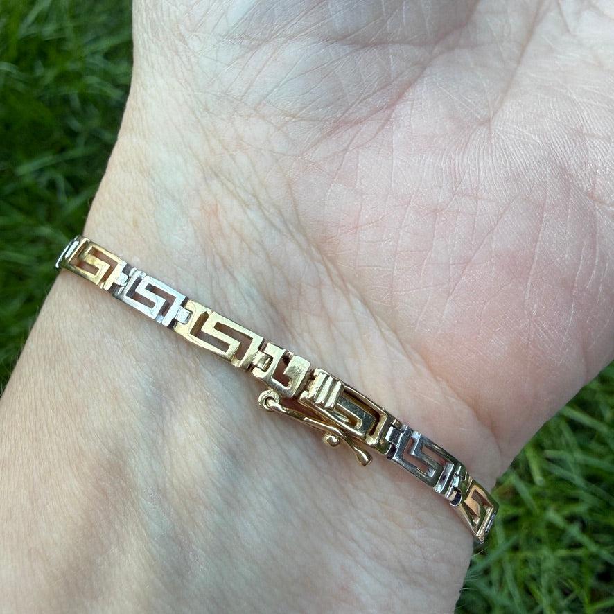 7" Solid 14K Two-Tone Gold Greek Key Graduated Bracelet, 10.88 g