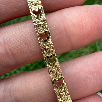 6.75" Solid 10K Yellow Gold Open Heart Textured Link Bracelet, 4.86 g