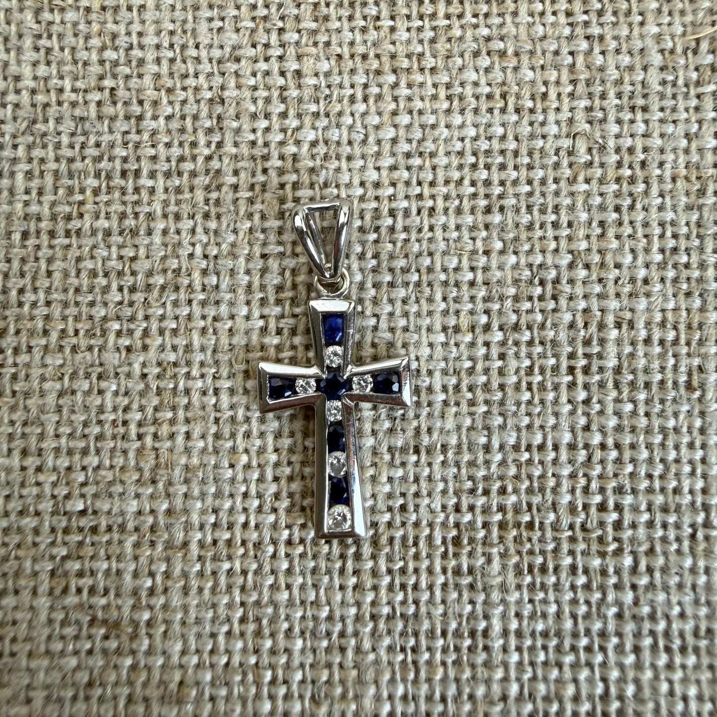 Solid 14K White Gold Diamond and Sapphire Cross — 1.21 grams