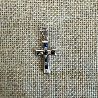 Solid 14K White Gold Diamond and Sapphire Cross — 1.21 grams