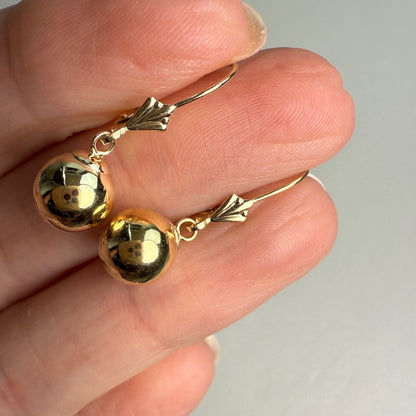 14k Solid Yellow Gold Polished Ball Leverback Drop Earrings, 1.09 g