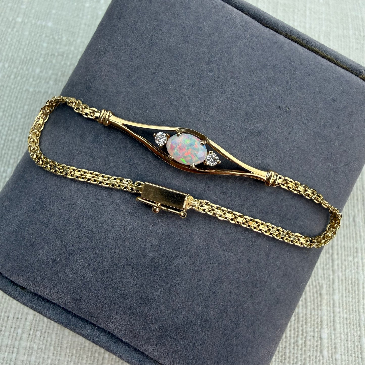 5.5-5.75" Solid 14K Yellow Gold Opal and Diamond&nbsp; Bracelet, 3.57 g