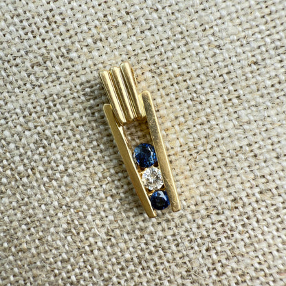 Solid 14K Yellow Gold Art Deco Style Sapphire and Diamond Pendant, 2.20 grams