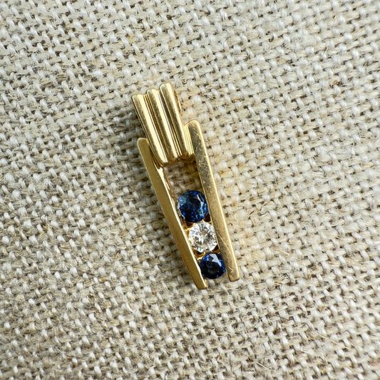 Solid 14K Yellow Gold Art Deco Style Sapphire and Diamond Pendant, 2.20 grams