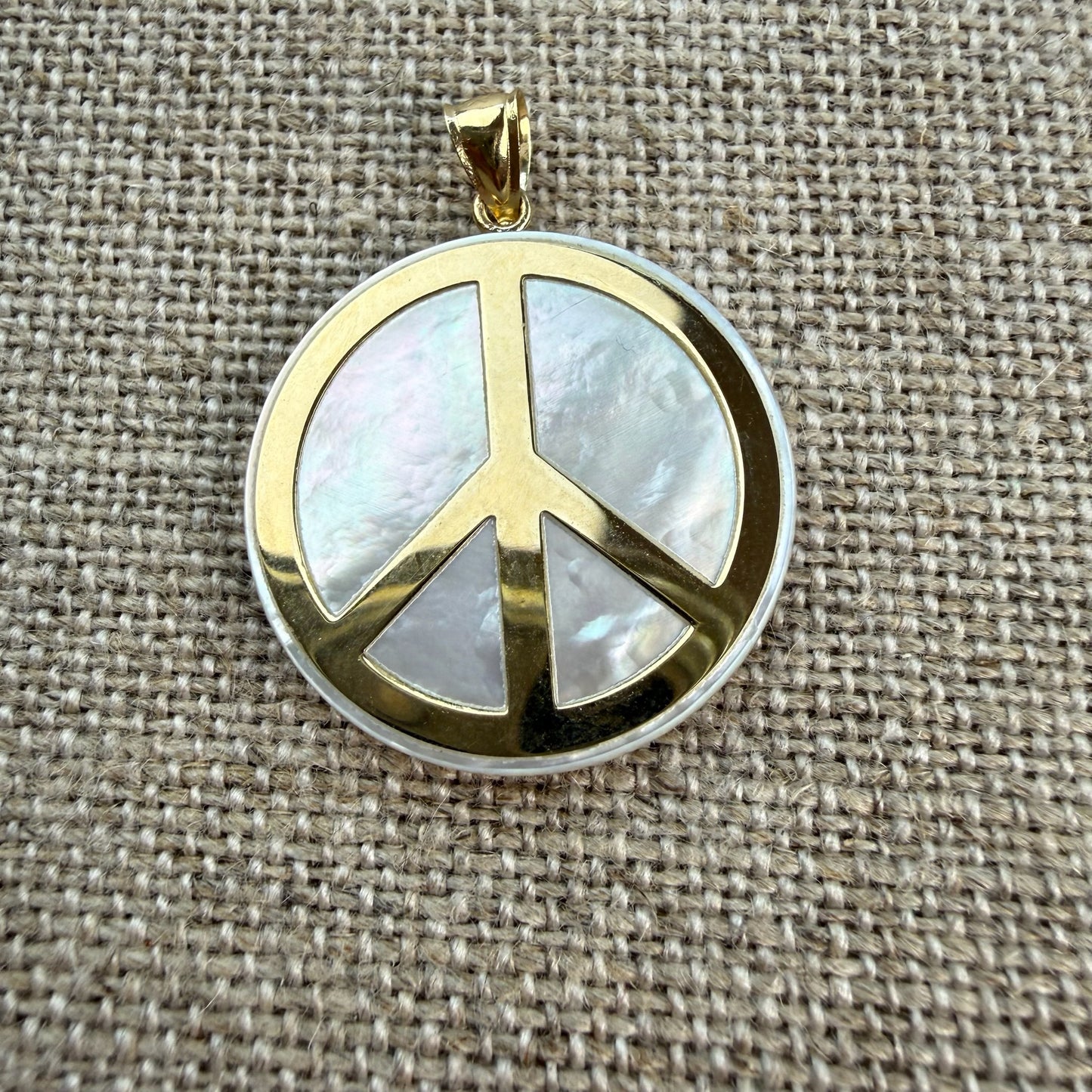 Solid 14K Yellow Gold and Mother of Pearl Peace Sign Pendant, 3.70 grams