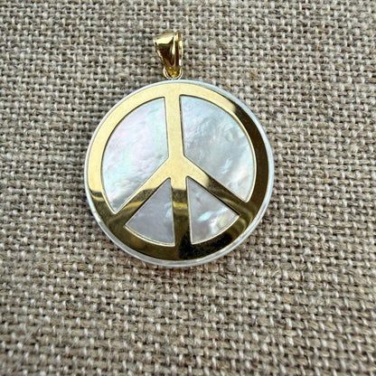 Solid 14K Yellow Gold and Mother of Pearl Peace Sign Pendant, 3.70 grams