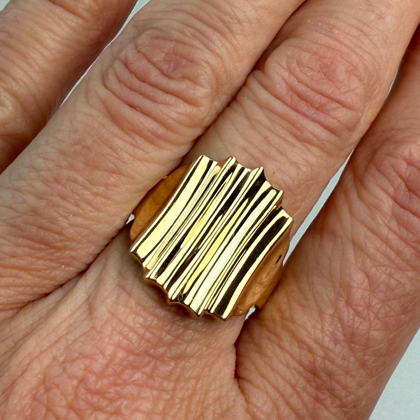 14K Solid Yellow Gold Wide Ridge, Sculptural Ring – Size 7