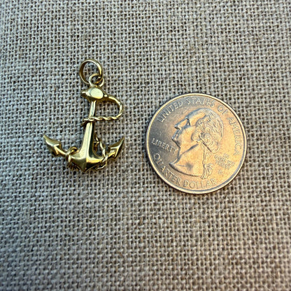 Estate Solid 14K Yellow Gold 3D Two-Sided Anchor with Rope – 2.1g