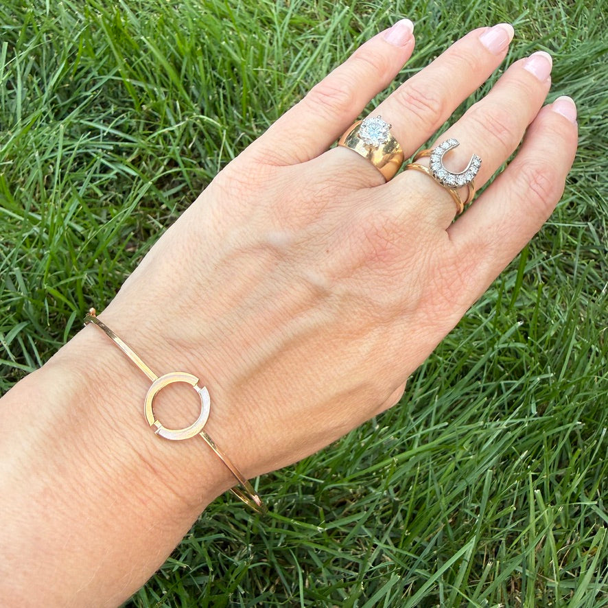 Italian 14K Rose Gold Solid Bangle Bracelet with Geometric Open Circle Detail, 5 g
