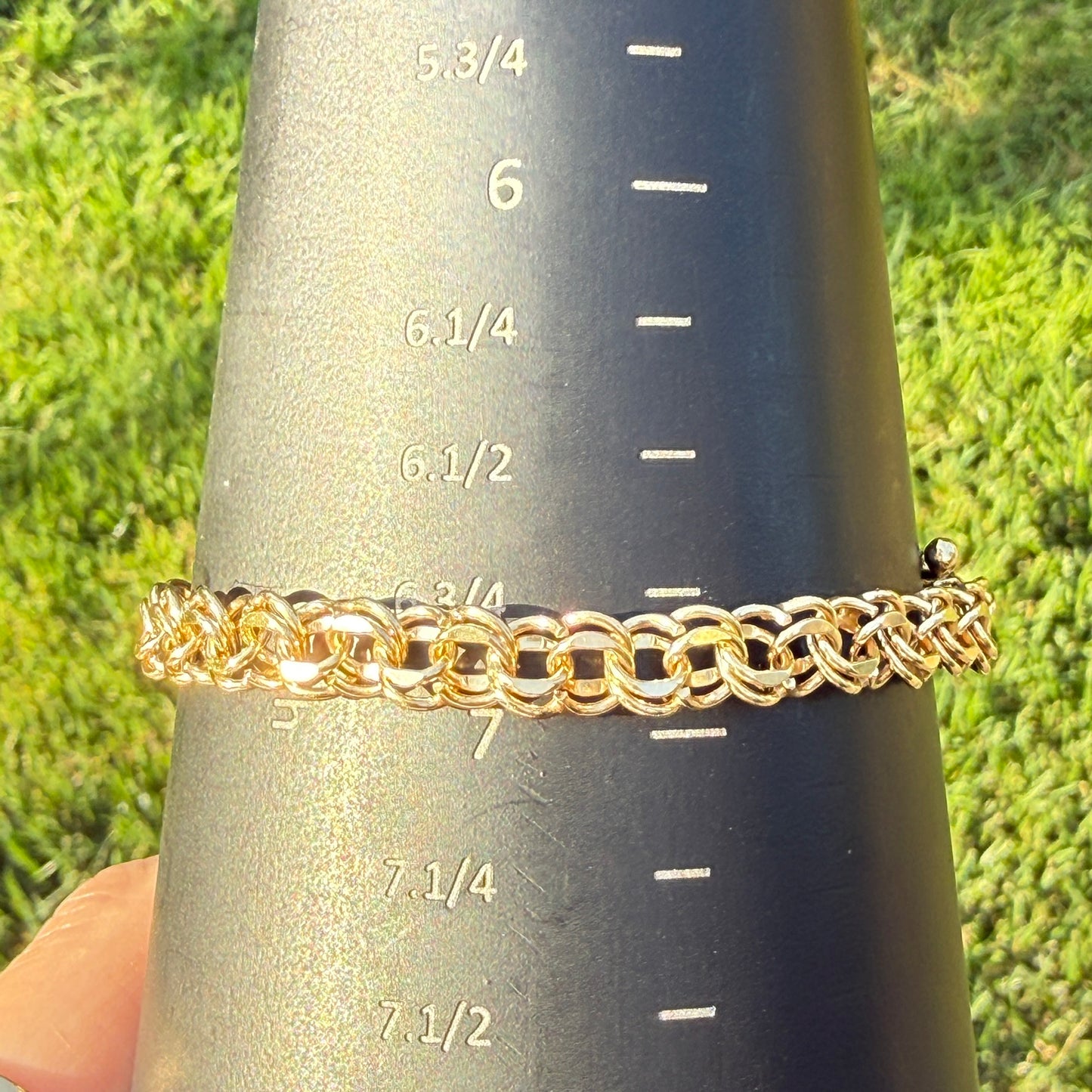 6.75+" Vintage Solid 14K Yellow Gold Faceted Double Circle Link Bracelet, 12.21 g