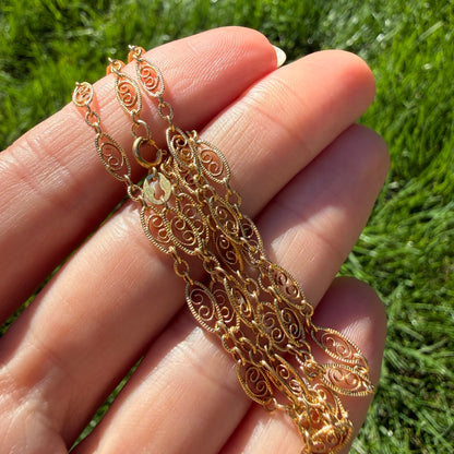 Vintage 18" Solid 14K Yellow Gold Filigree Scroll Link Necklace, 4.48 g