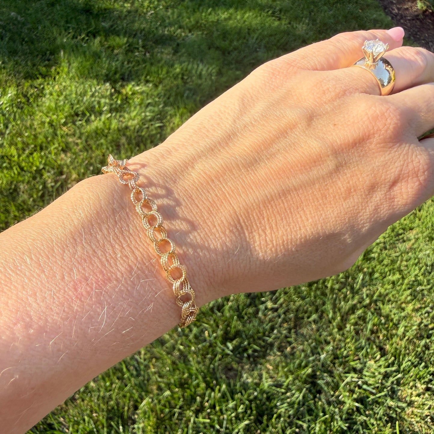 6.5" Vintage Solid 14K Yellow Gold Textured Triple Circle Link Bracelet, 5.58 g