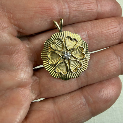 Vintage Solid 14K Yellow Gold Engine-turned Heart Pendant with Diamond, 4.10 g