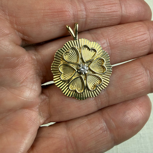 Vintage Solid 14K Yellow Gold Engine-turned Heart Pendant with Diamond, 4.10 g