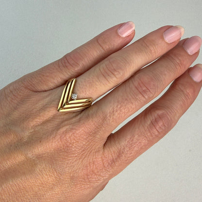10K Solid Yellow Gold Chevron Diamond Accent Ring, Size 5.25