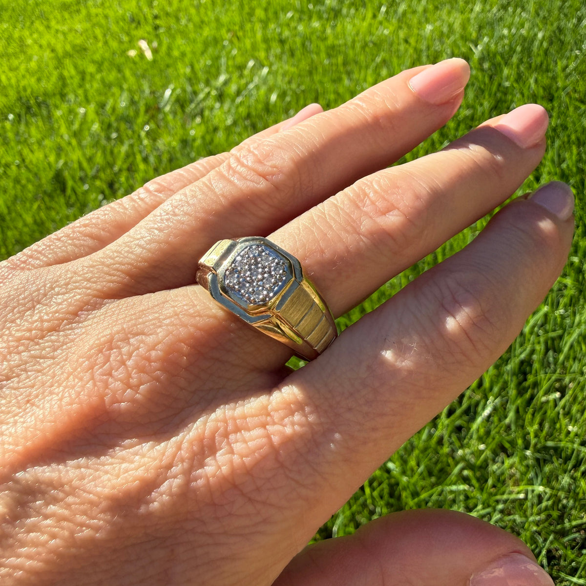 10K Solid Two-Tone Gold Bold Diamond Illusion Signet Ring, Size 11