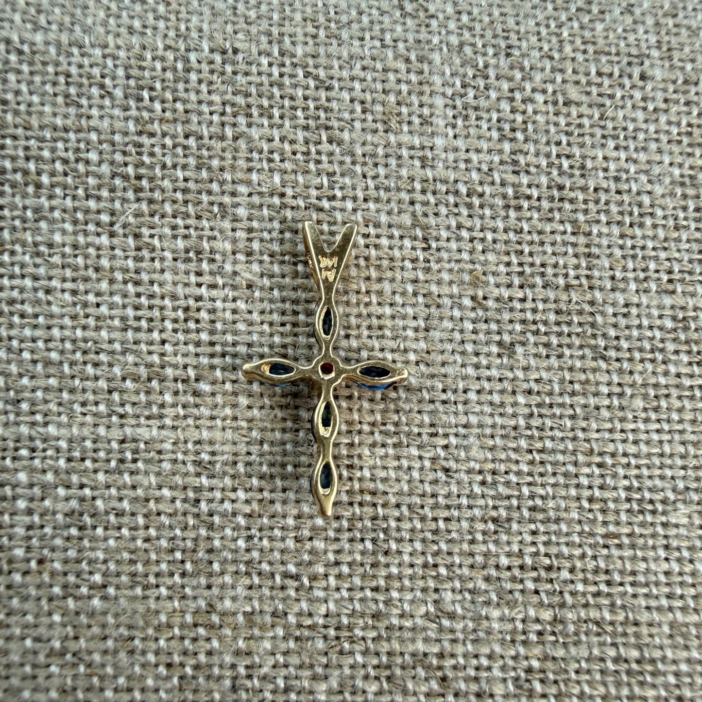 Solid 14K Yellow Gold Sapphire and Diamond Cross Pendant, 1.23 grams