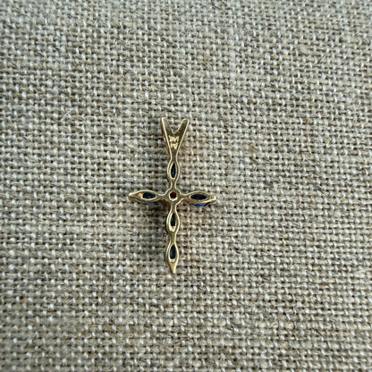Solid 14K Yellow Gold Sapphire and Diamond Cross Pendant, 1.23 grams