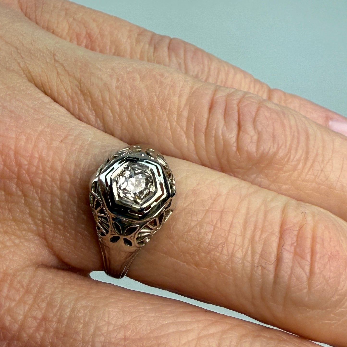 Vintage Solid 18K White Gold Art Deco Old Mine Cut Diamond Ring, Size 6.25