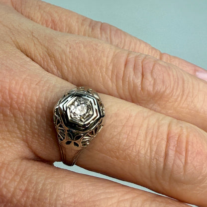 Vintage Solid 18K White Gold Art Deco Old Mine Cut Diamond Ring, Size 6.25