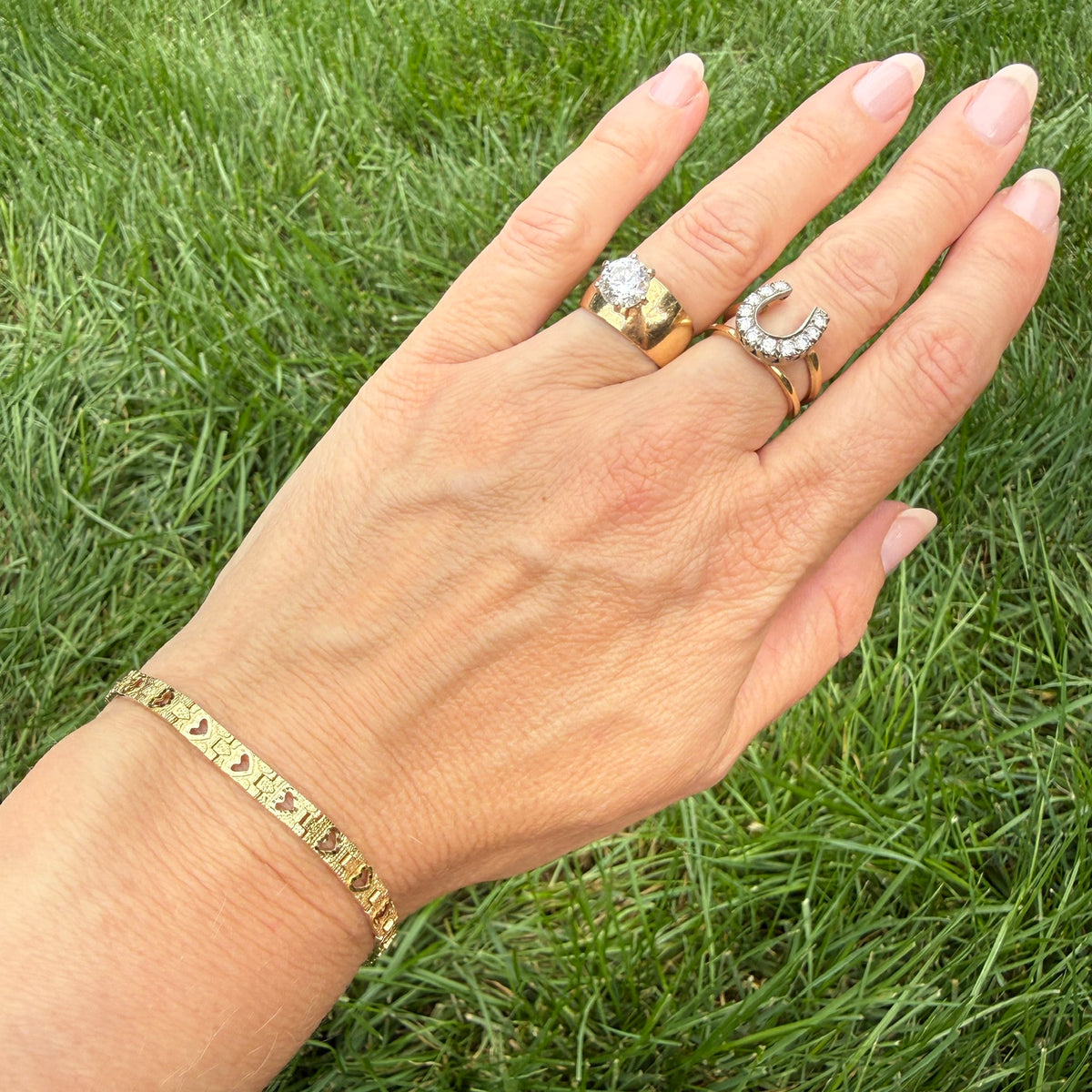 6.75" Solid 10K Yellow Gold Open Heart Textured Link Bracelet, 4.86 g