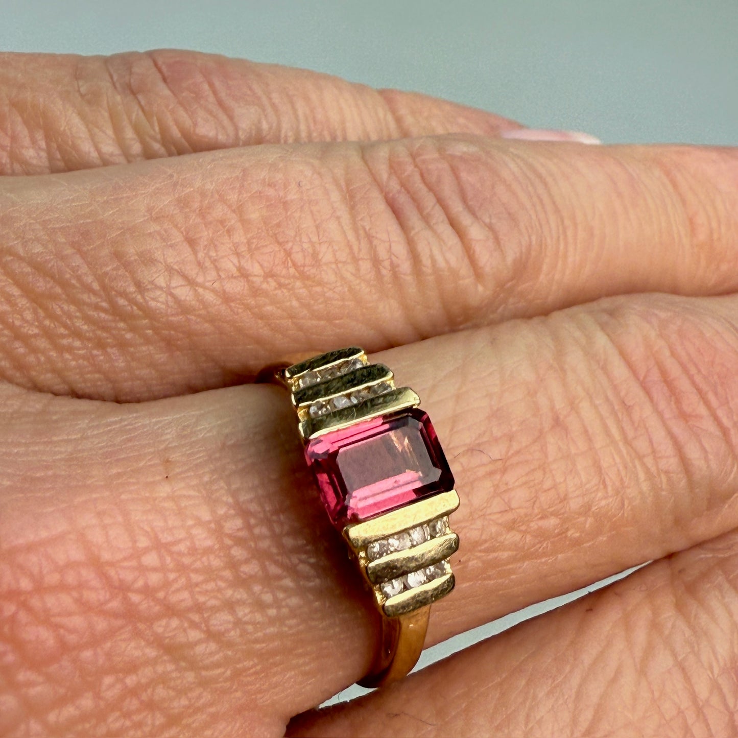 Solid 10K Yellow Gold Vintage Pink Tourmaline and Diamond Ring, Size 7