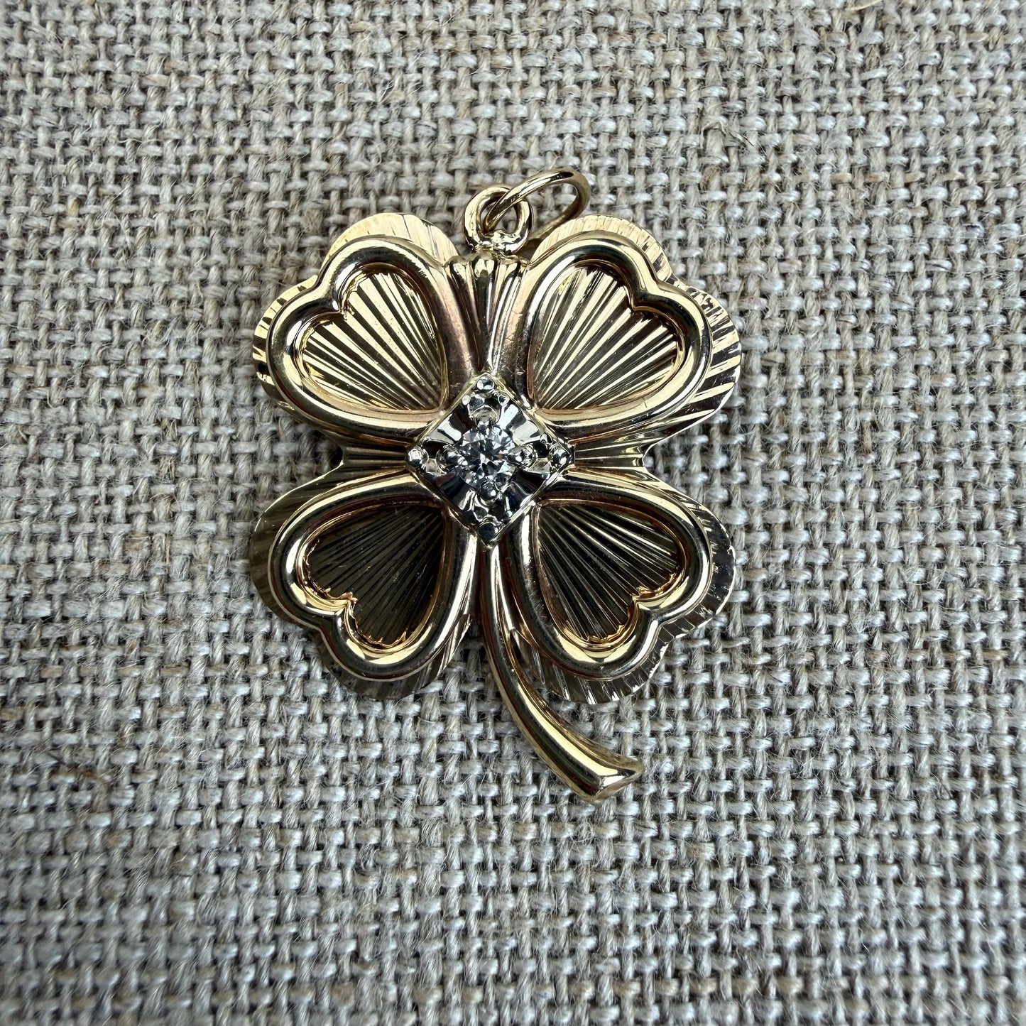 Vintage Solid 10K Engine-turned Four-leaf Clover Pendant with Diamond Pendant, 6.61 grams