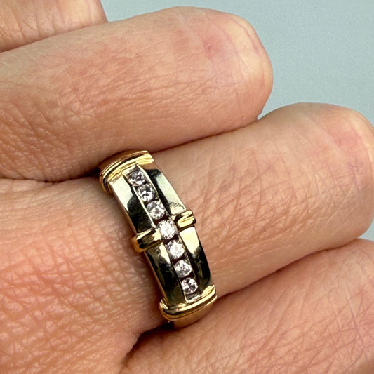 Solid 14K Yellow Gold Two-tone Linear Diamond Ring, Size 7.5