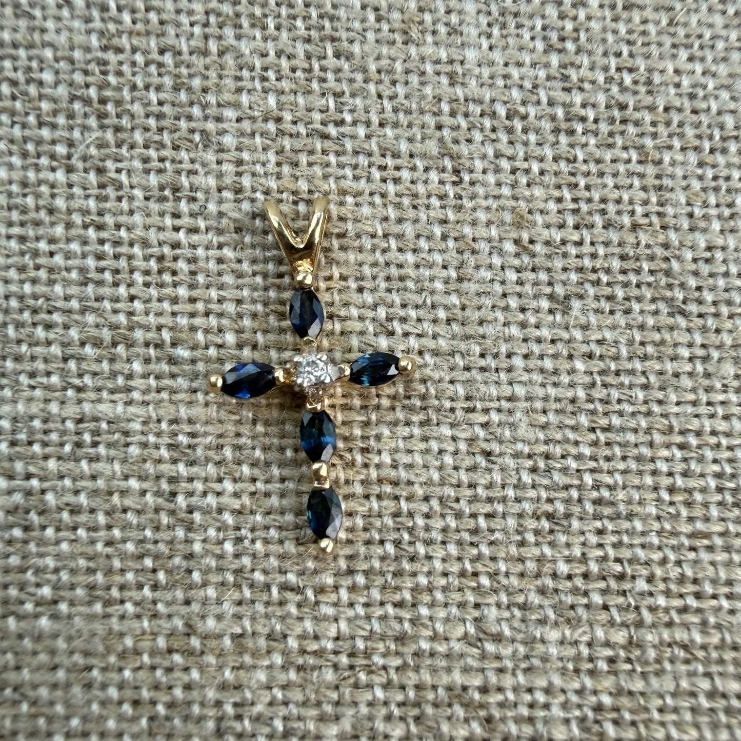 Solid 14K Yellow Gold Sapphire and Diamond Cross Pendant, 1.23 grams