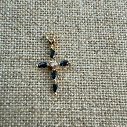 Solid 14K Yellow Gold Sapphire and Diamond Cross Pendant, 1.23 grams