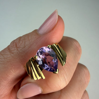 Solid 10K Yellow Gold Pear-shaped Amethyst Sculptural Ring, Size 7.75
