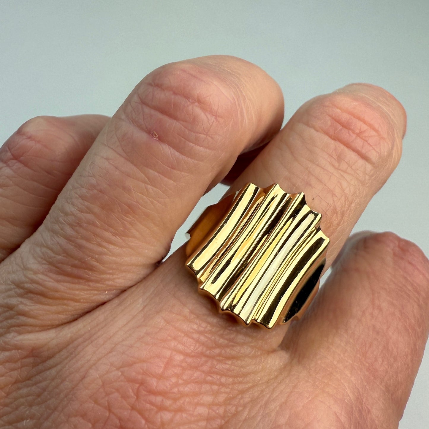 14K Solid Yellow Gold Wide Ridge, Sculptural Ring – Size 7