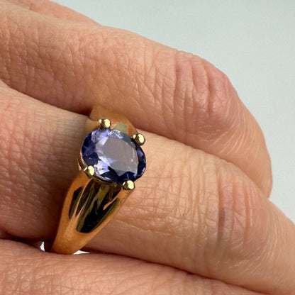 14K Solid Yellow Gold Oval Shaped Faceted Iolite Ring, Size 6.75