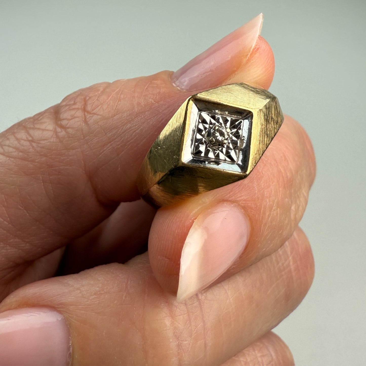 10K Vintage Solid Yellow and White Gold Classic Mid-century Illusion Ring, Size 7.75