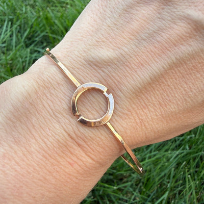 Italian 14K Rose Gold Solid Bangle Bracelet with Geometric Open Circle Detail, 5 g
