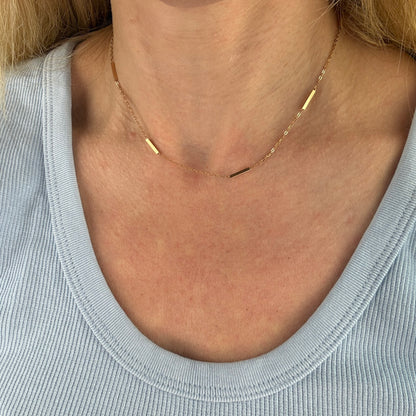 15.5" Italian Solid 14K Rosy Yellow Gold Bar Station Chain, 2.89 g