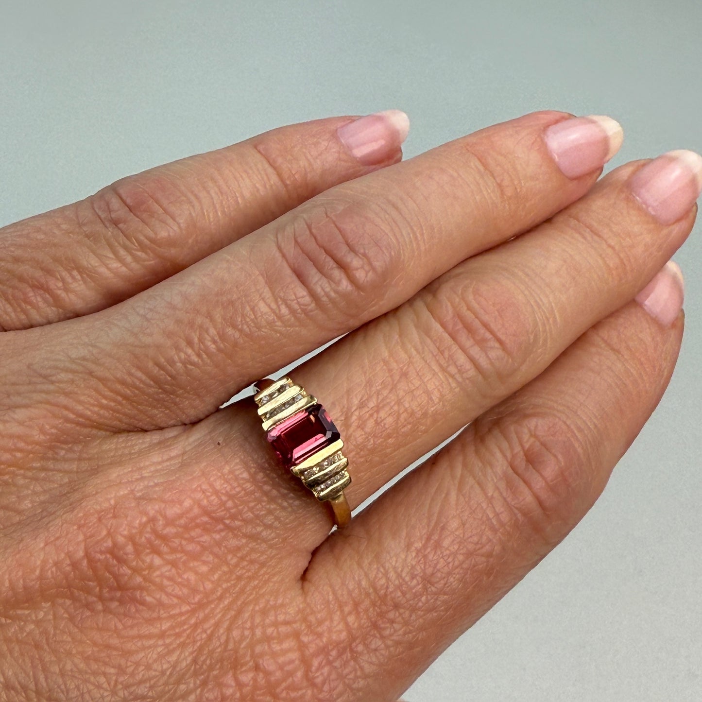 Solid 10K Yellow Gold Vintage Pink Tourmaline and Diamond Ring, Size 7
