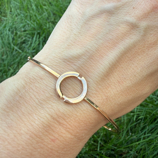 Italian 14K Rose Gold Solid Bangle Bracelet with Geometric Open Circle Detail, 5 g