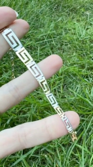 7" Solid 14K Two-Tone Gold Greek Key Graduated Bracelet, 10.88 g