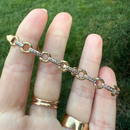 6.75" Solid 10K Two Tone Gold Fancy Link Bracelet, 4.05 g