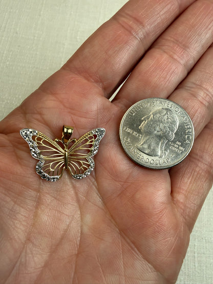 Solid 10K Yellow and White Gold Filigree Butterfly pendant, 1.14 grams